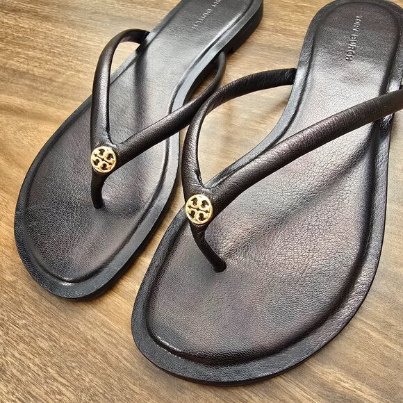 Tory Burch Chelsea Leather Thong Flat Sandals Flip Flop Safari Crystal Black 8 - Picture 7 of 8